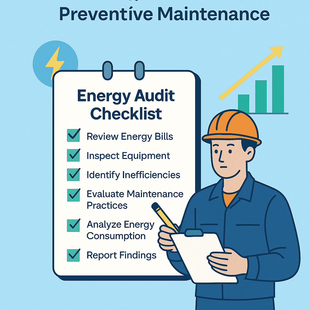 Infographic showing energy audit checklist for preventive maintenance with categories like motors, HVAC, compressed air, and insulation