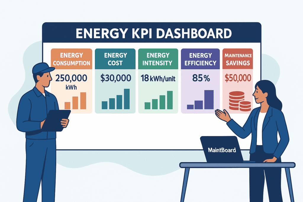Infographic showing top energy KPIs tracked by maintenance managers using MaintBoard
