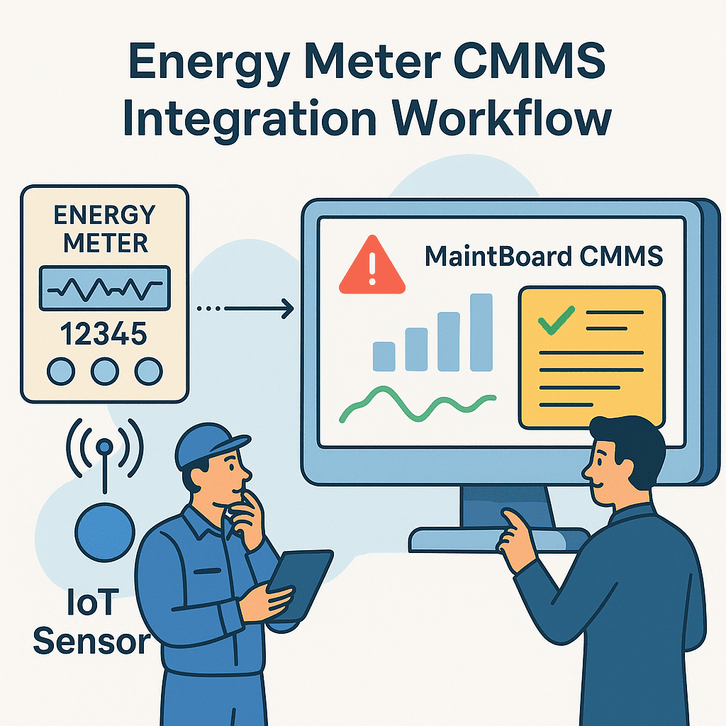 Infographic showing how energy meter data flows into a CMMS for triggering maintenance work orders