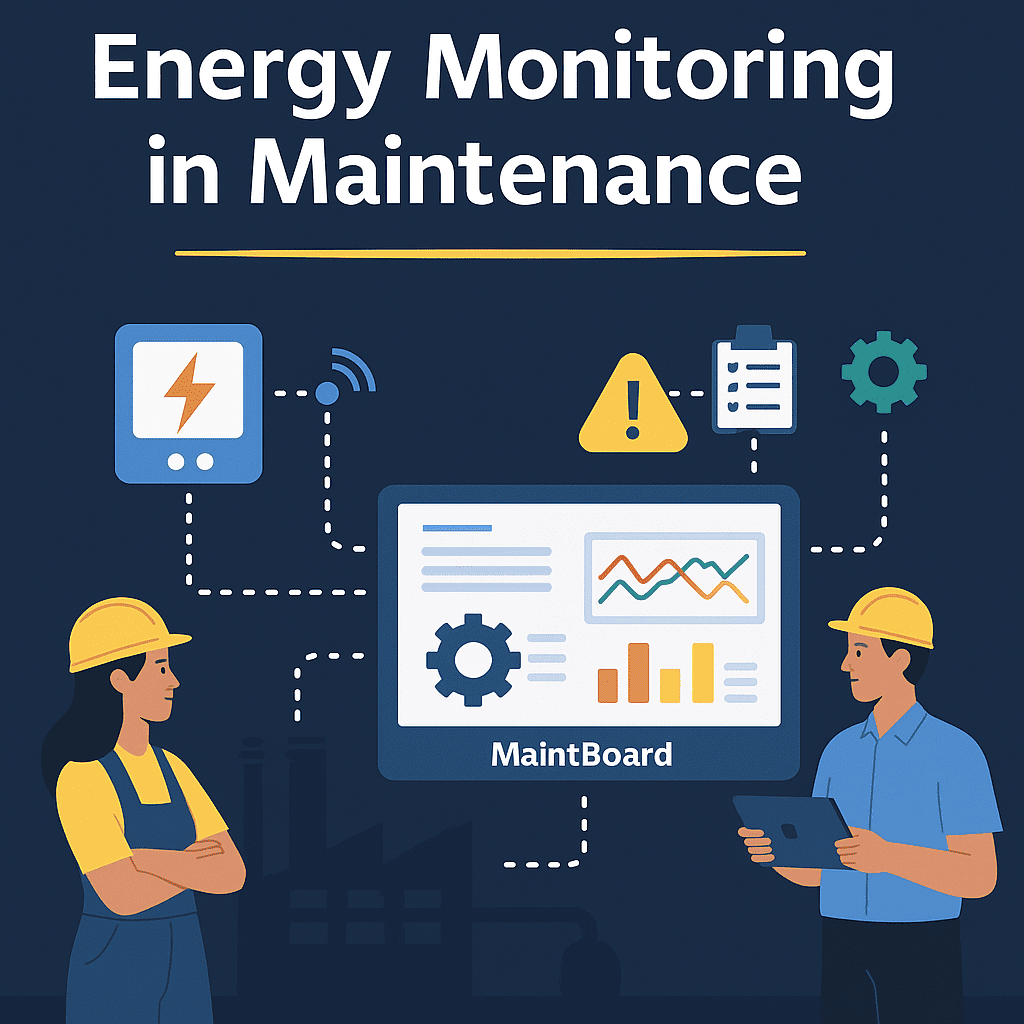 Illustration showing energy monitoring with MaintBoard CMMS, smart meters, sensors, and dashboards for maintenance teams