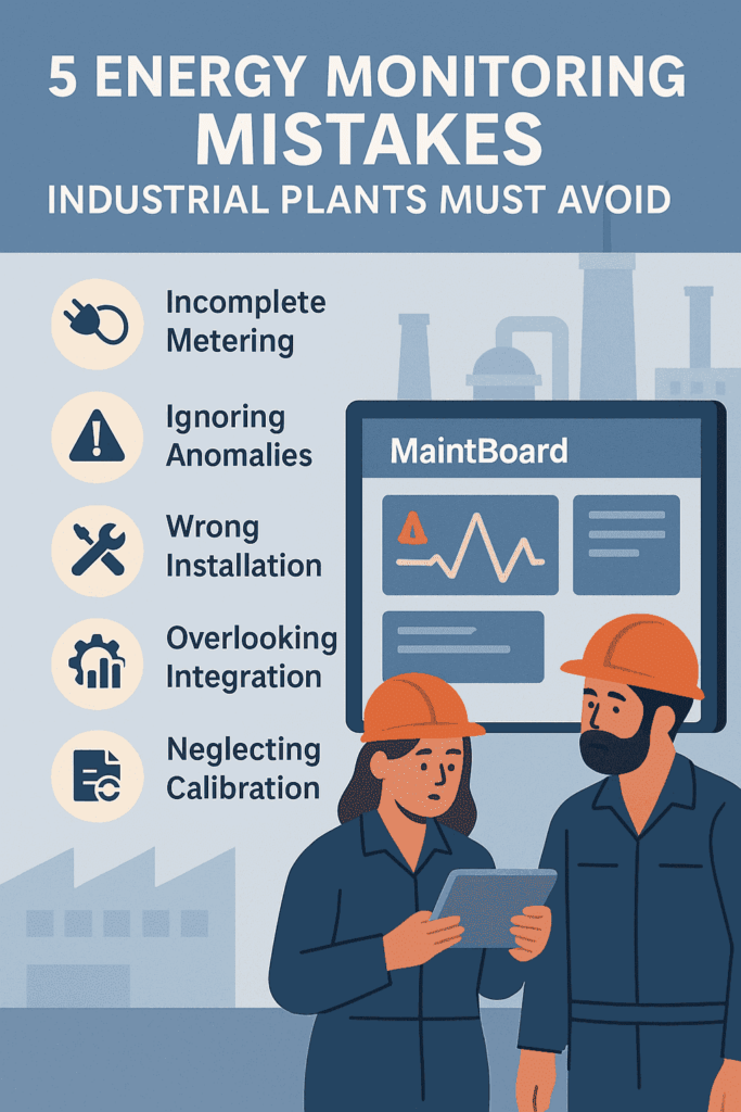 Illustration showing five energy monitoring mistakes in industrial plants with MaintBoard CMMS as the central solution
