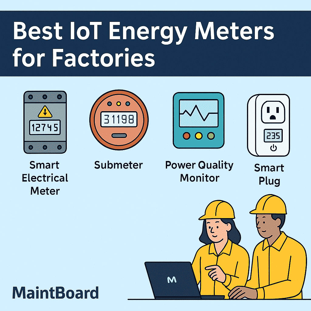 Infographic comparing the top 5 IoT energy meters factories use to monitor and optimize energy usage with CMMS integration