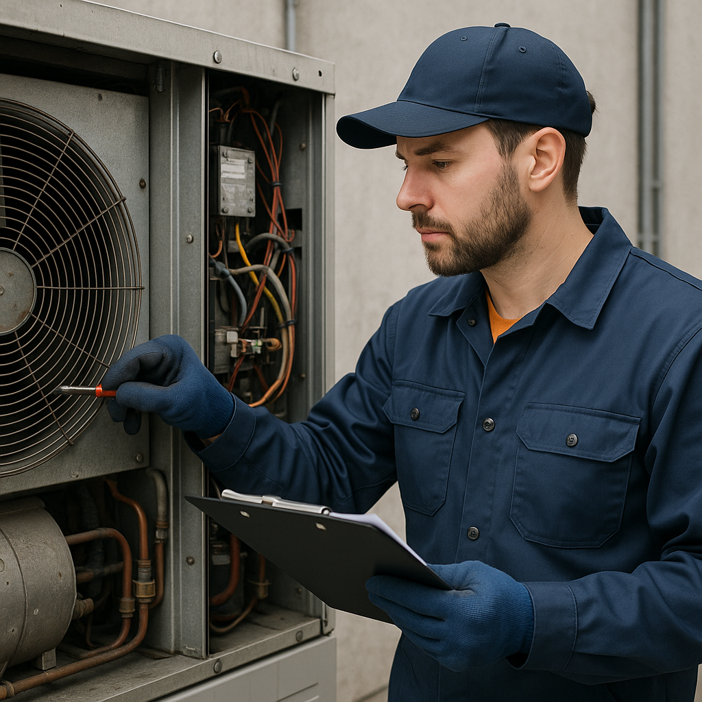 Technician performing preventive maintenance on an HVAC unit with a checklist in hand.